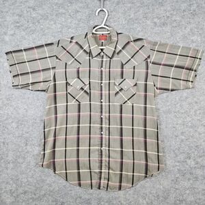 Ely Plains Men's XL Pearl Snap‎ Short Sleeve Shirt Gray Windowpane WITH PINHOLES